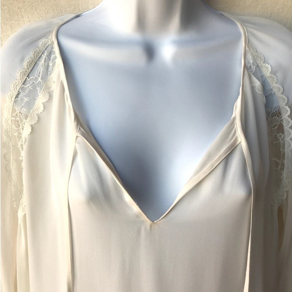 Alice + Olivia White Sheer Silk "Poets Blouse" with Lace, Bell Sleeves size XS - Picture 8 of 10